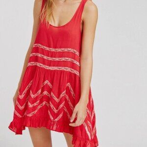 Free People Dress voile lace polka dot trapeze mini Red (medium) bohemian fairy
